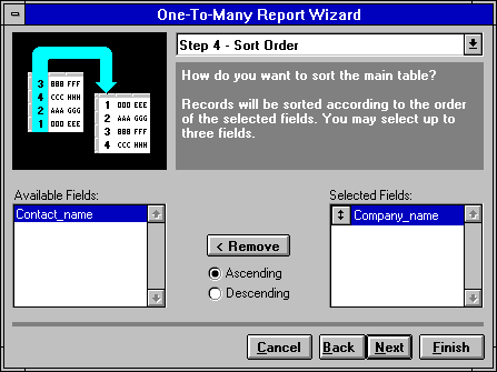 [ Fig. 25.  One-To-Many Report Wizard -- Sort Order ]